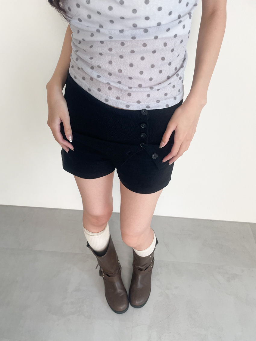 side-button fold-waist stretch cotton shorts (CHARCOAL/BLACK)