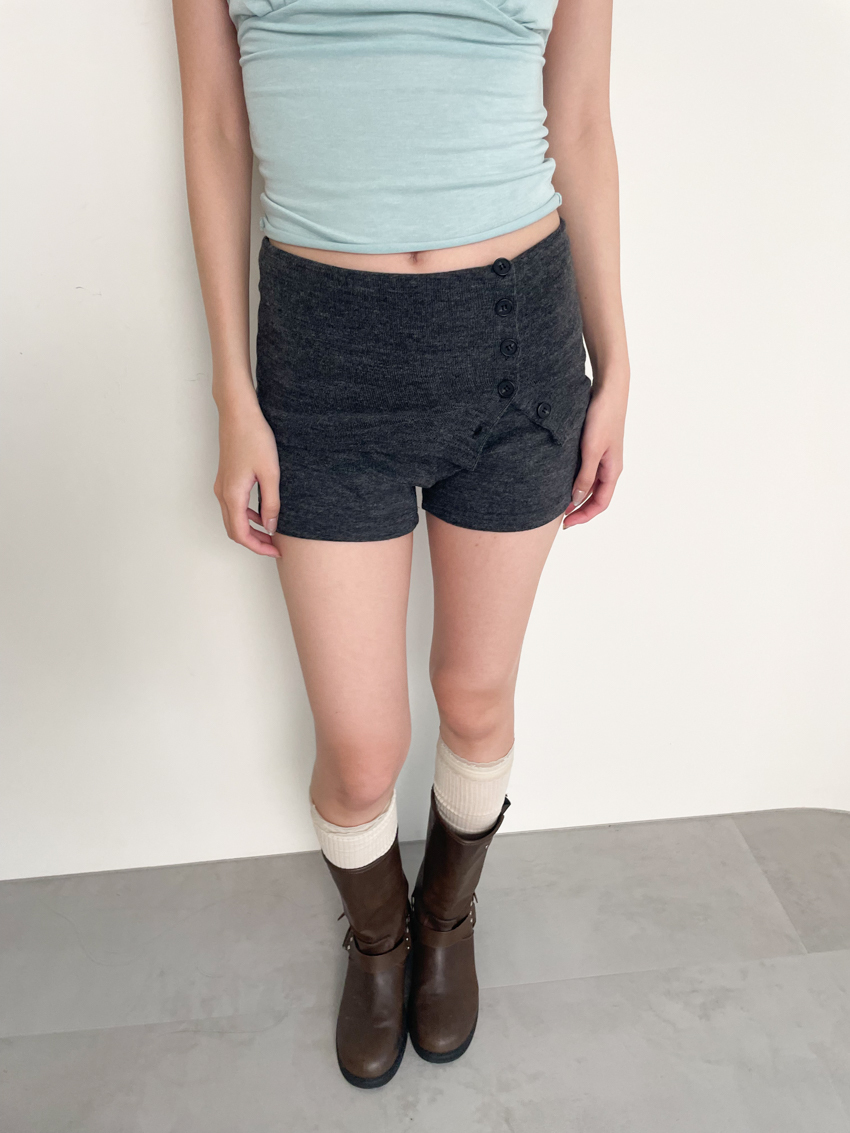 side-button fold-waist stretch cotton shorts (CHARCOAL/BLACK)