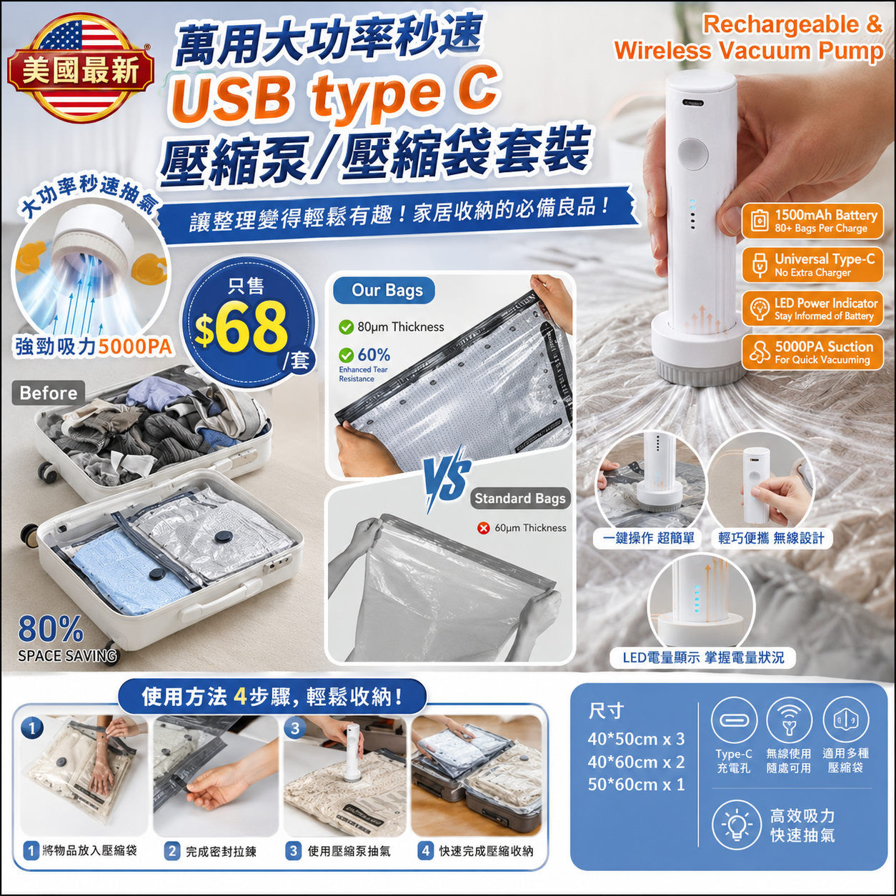 【UB9638】美國最新萬用大功率秒速USB type C壓縮泵壓縮袋套裝