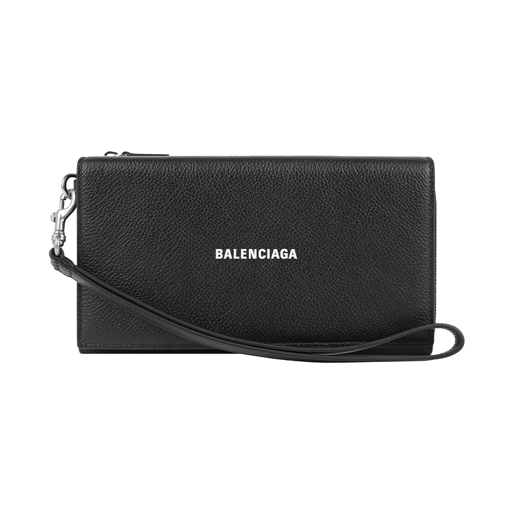 【Balenciaga】Logo 粒紋牛皮附提把大款旅行皮夾(黑色)