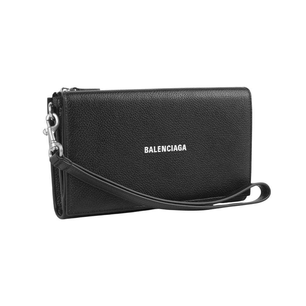 【Balenciaga】Logo 粒紋牛皮附提把大款旅行皮夾(黑色)