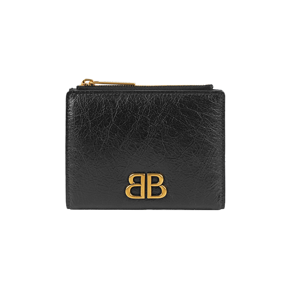 【Balenciaga】Monaco BB 金釦二折釦式短夾(黑色)