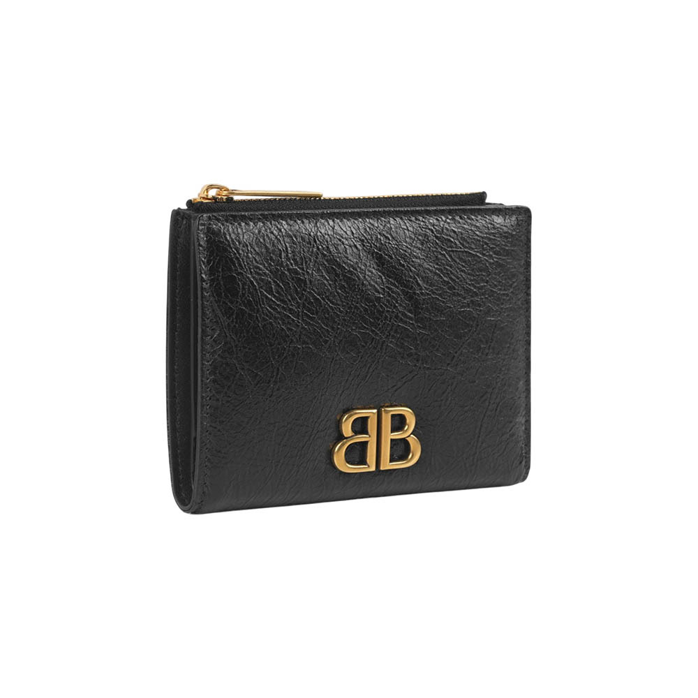 【Balenciaga】Monaco BB 金釦二折釦式短夾(黑色)