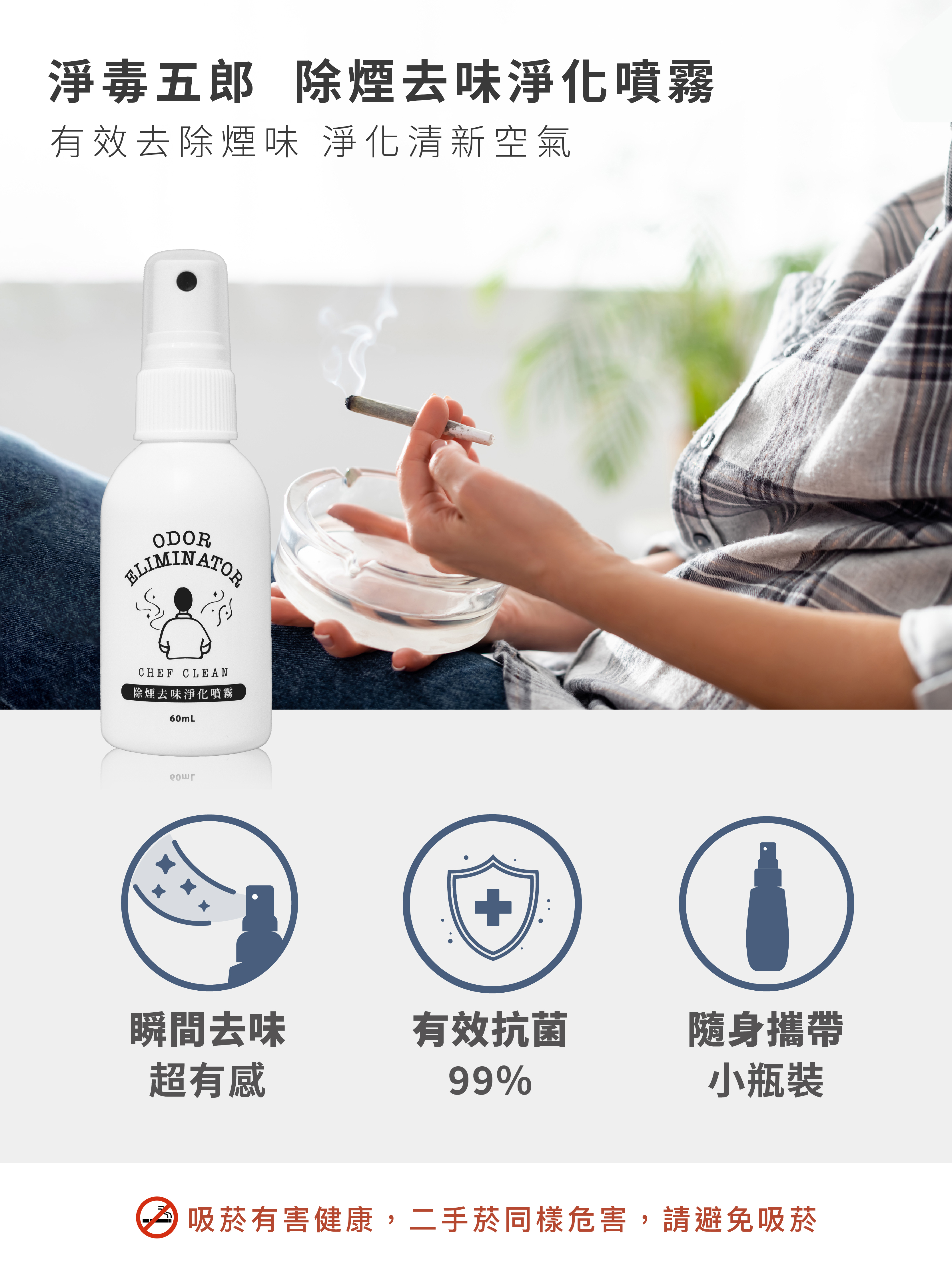 淨毒五郎除煙去味淨化噴霧 60mL,噴瓶噴灑於空間去除二手菸與油煙味