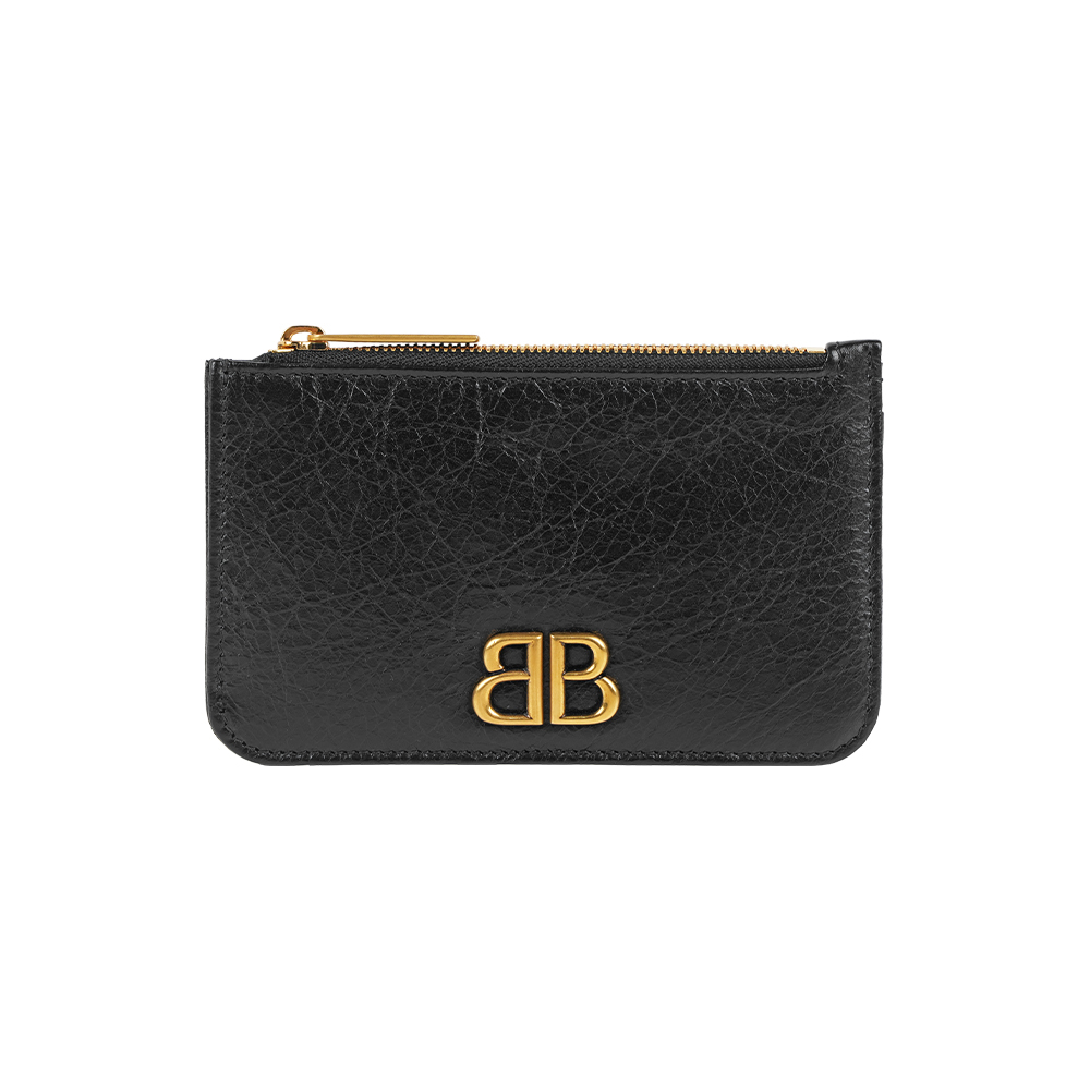 【Balenciaga】Monaco BB 金釦拉鍊卡片夾/零錢包(黑色)
