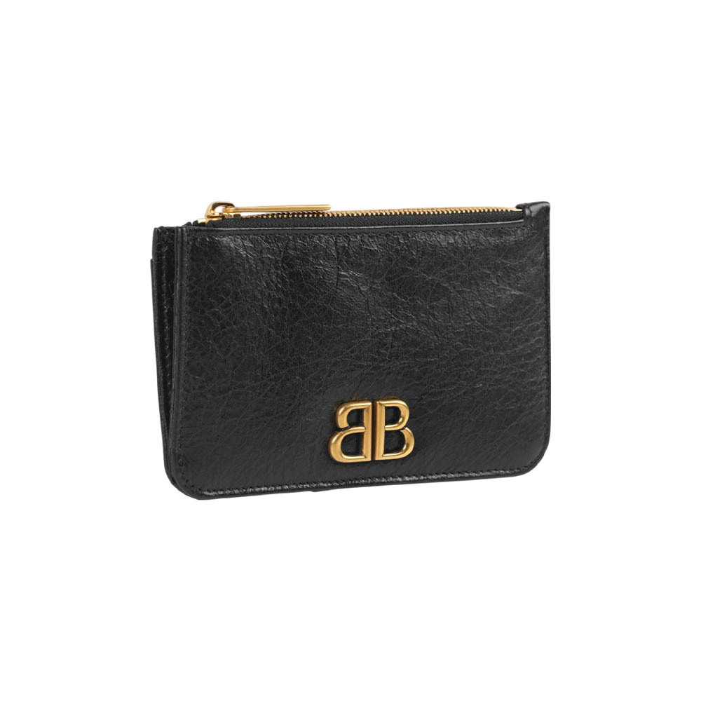 【Balenciaga】Monaco BB 金釦拉鍊卡片夾/零錢包(黑色)