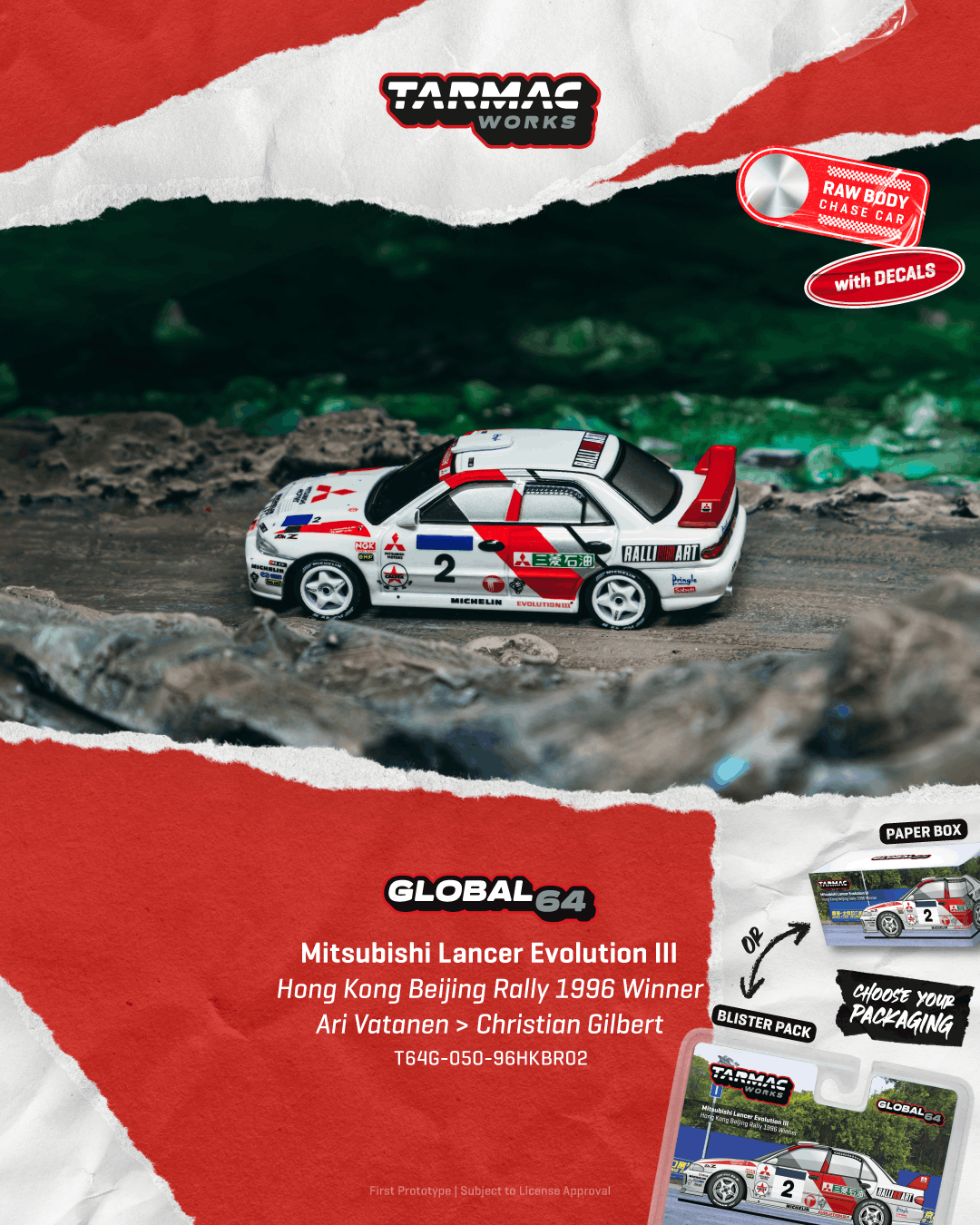 PO-$104 * TARMAC * 1:64 Mitsubishi Lancer Evolution III Hong Kong Beijing Rally 1996 Winner Ari Vatanen / Christian Gilbert