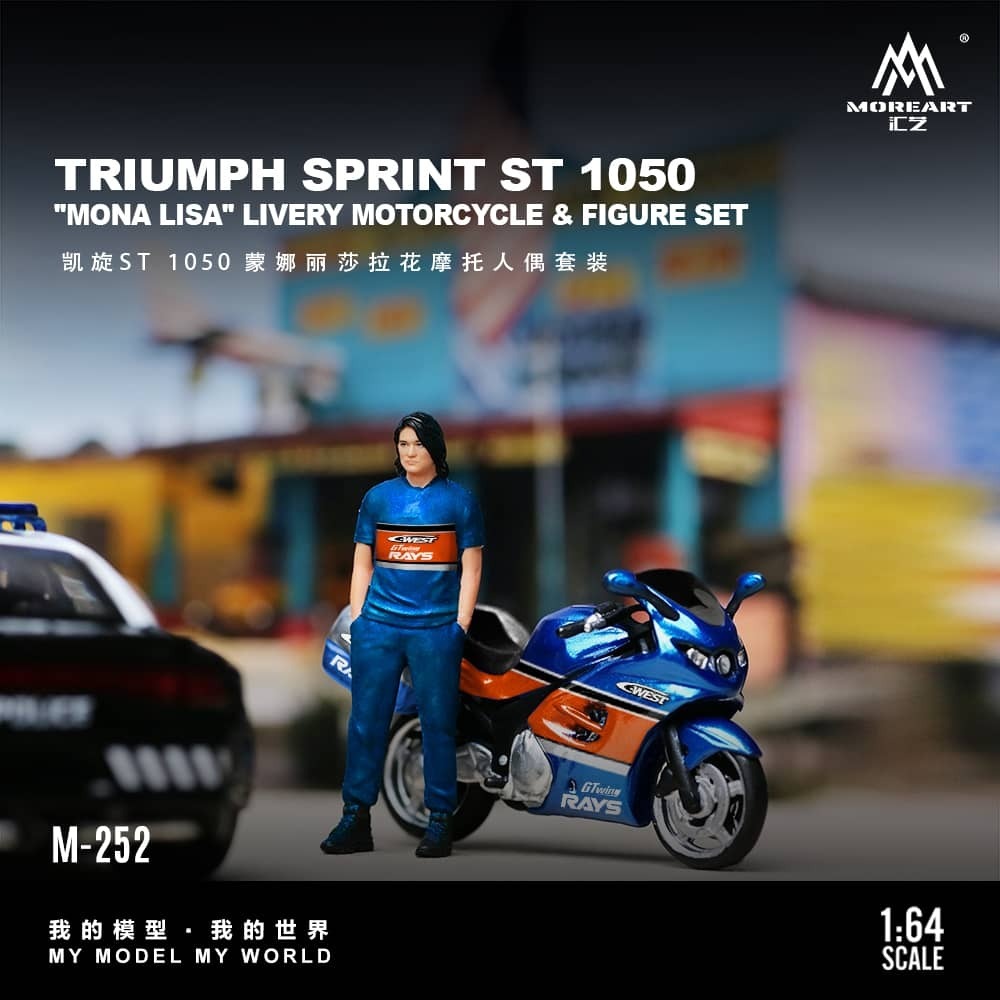 PO-$150 * MOREART * 1:64 FIGURE - TRIUMPH SPRINT ST 1050 MONA LISA LIVERY MOTORCYCLE & FIGURE SET