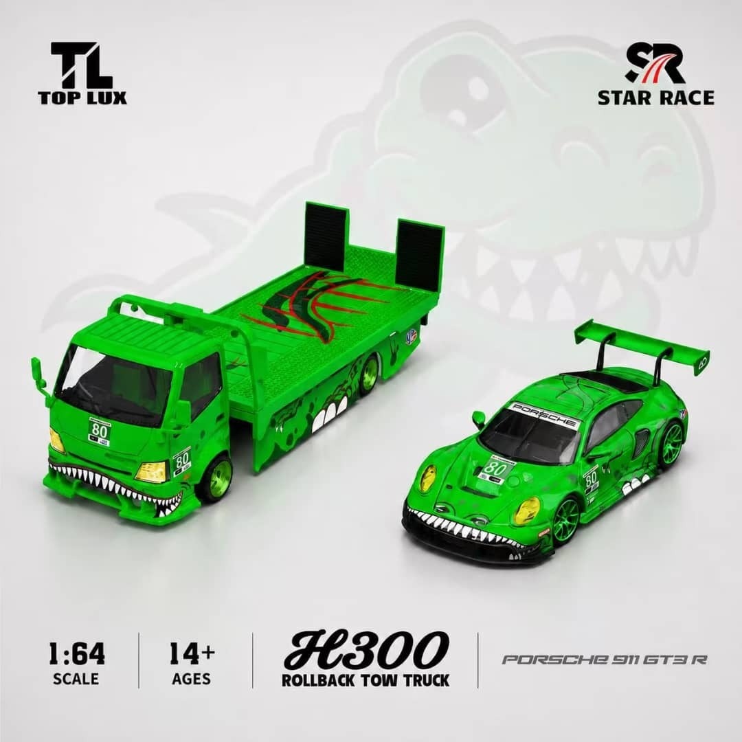 PO-$390 * TOP LUX * 1:64 H300 TWO TRUCK & PORSCHE 911 GT3 R GREEN SET