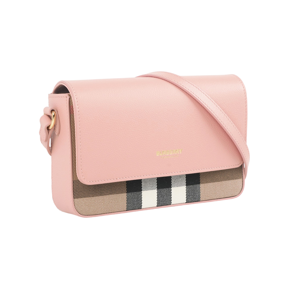 【Burberry】Hampshire 新款格紋帆布拼皮革手拿包/斜背包(灰粉色)