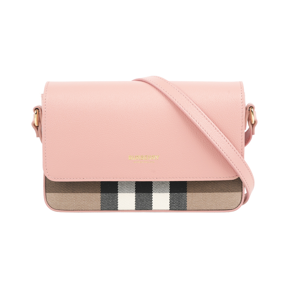 【Burberry】Hampshire 新款格紋帆布拼皮革手拿包/斜背包(灰粉色)