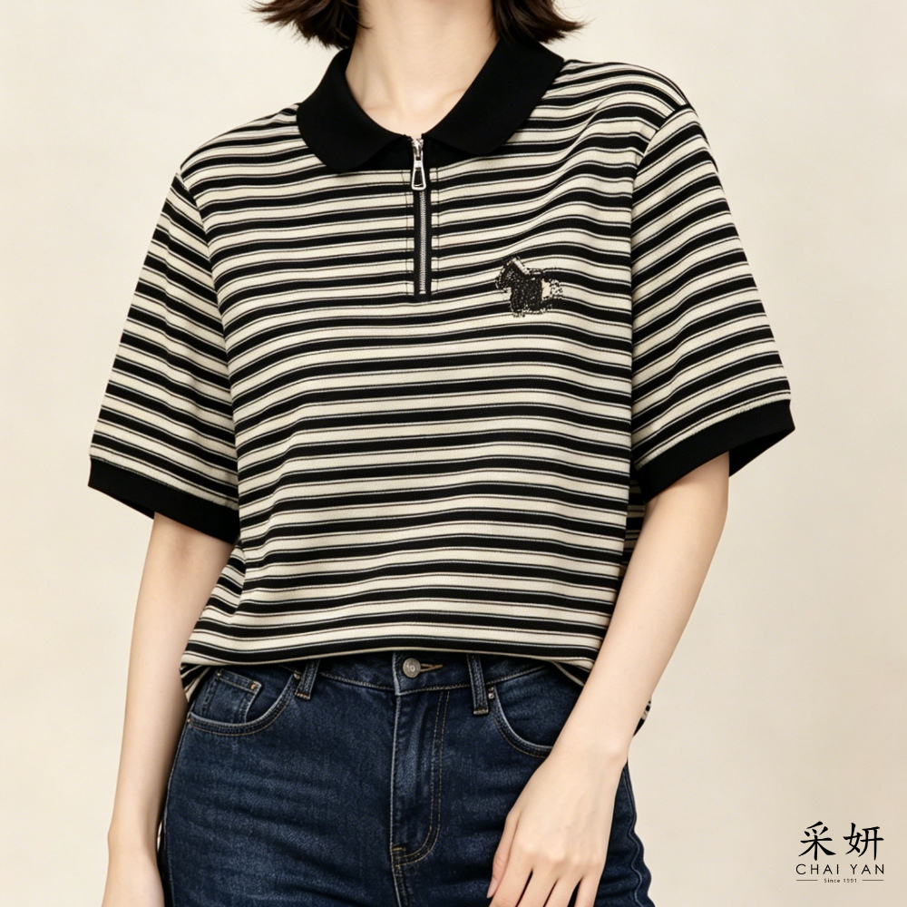 水鑽小馬橫條翻領短袖上衣