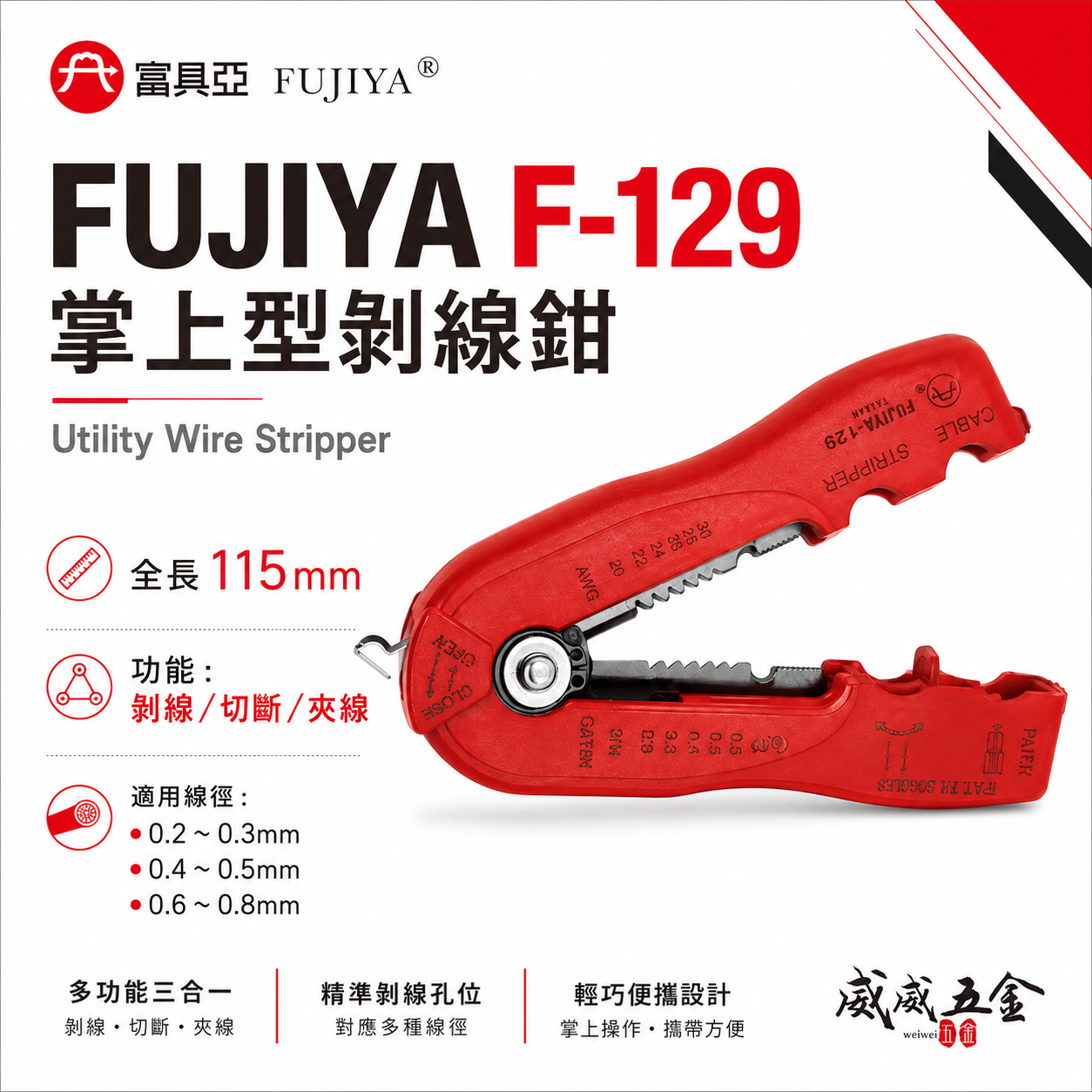 FUJIYA 富具亞 台灣製｜多功能掌上型剝線鉗 剝0.2-0.8mm 脫皮切斷夾線 剝電纜外皮｜F-129