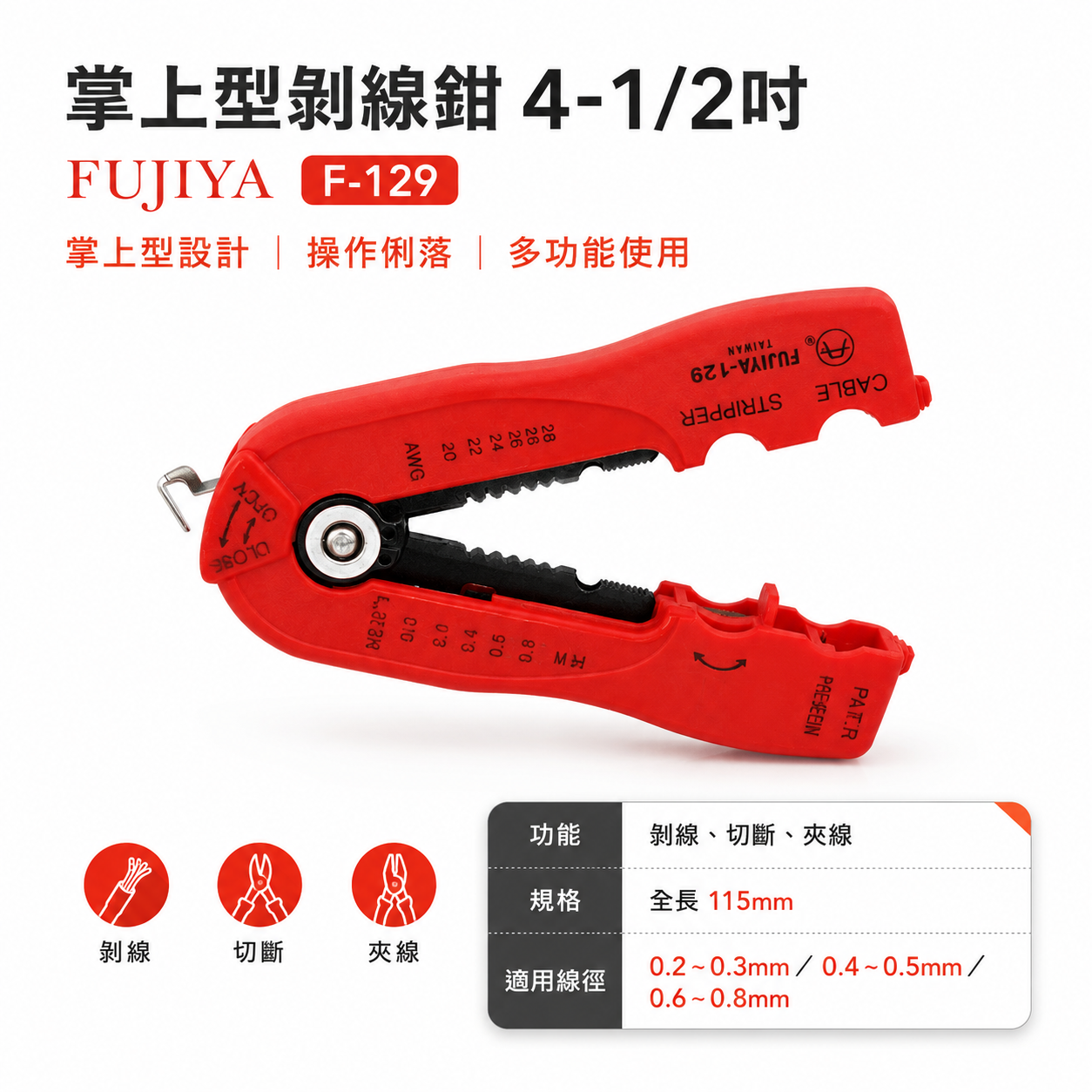 FUJIYA 富具亞 台灣製｜多功能掌上型剝線鉗 剝0.2-0.8mm 脫皮切斷夾線 剝電纜外皮｜F-129