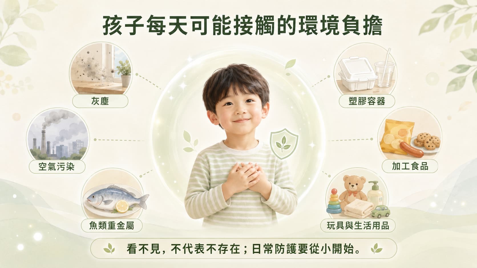 孩子日常可能接觸灰塵、塑膠容器、空氣污染、加工食品、魚類重金屬、玩具與生活用品等環境負擔來源。