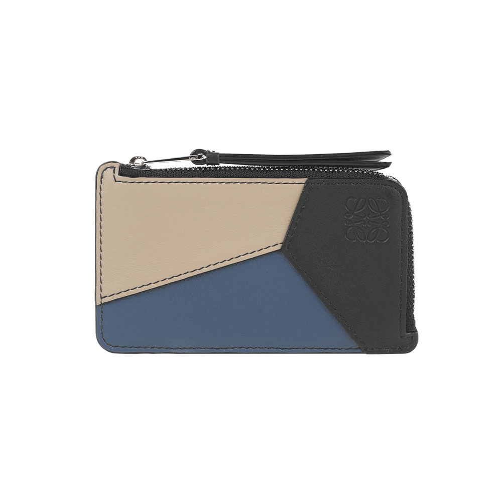 【LOEWE】Puzzel 拼色小牛皮拉鍊零錢包/卡夾(藍/黑/麻繩色)