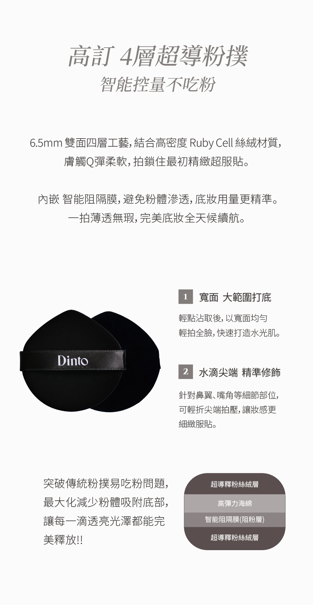 DINTO氣墊粉撲,4層超導粉撲,一拍瞬化薄膜,阻絕粉體深層滲透,智能控量不吃粉