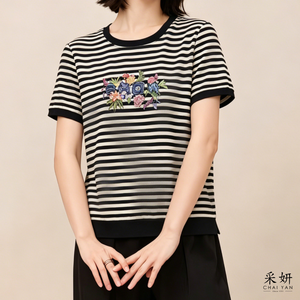 花卉印花橫條短袖上衣