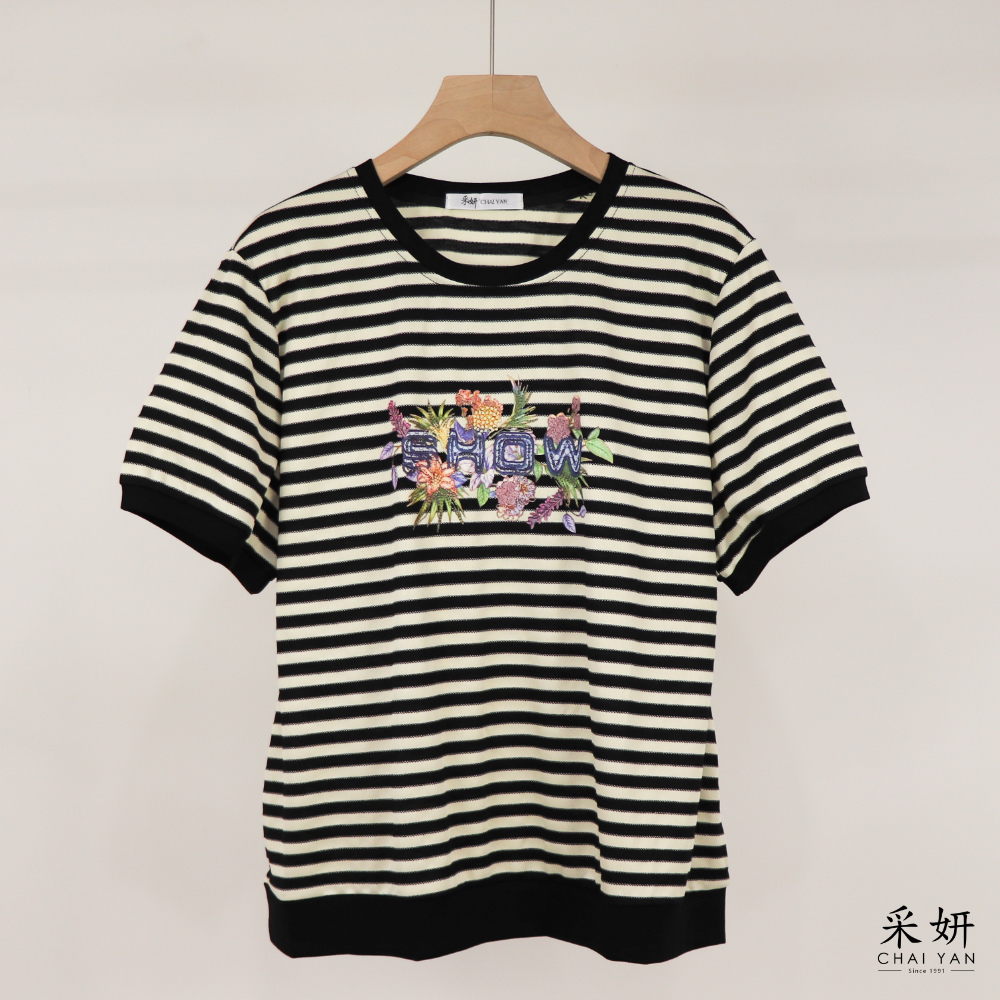 花卉印花橫條短袖上衣