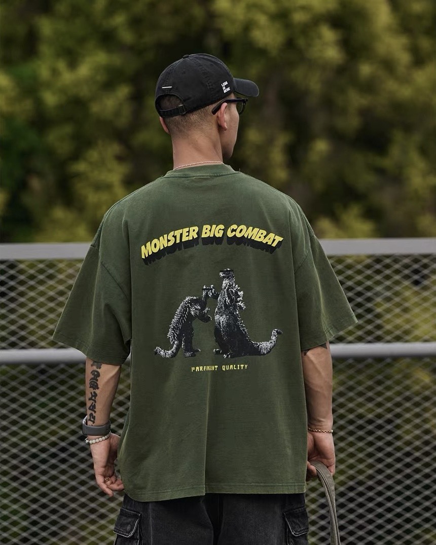 #預購 Broshood 26SS 日系復古寬鬆 沙洗做舊 怪獸大戰直噴印花 短踢 兩色