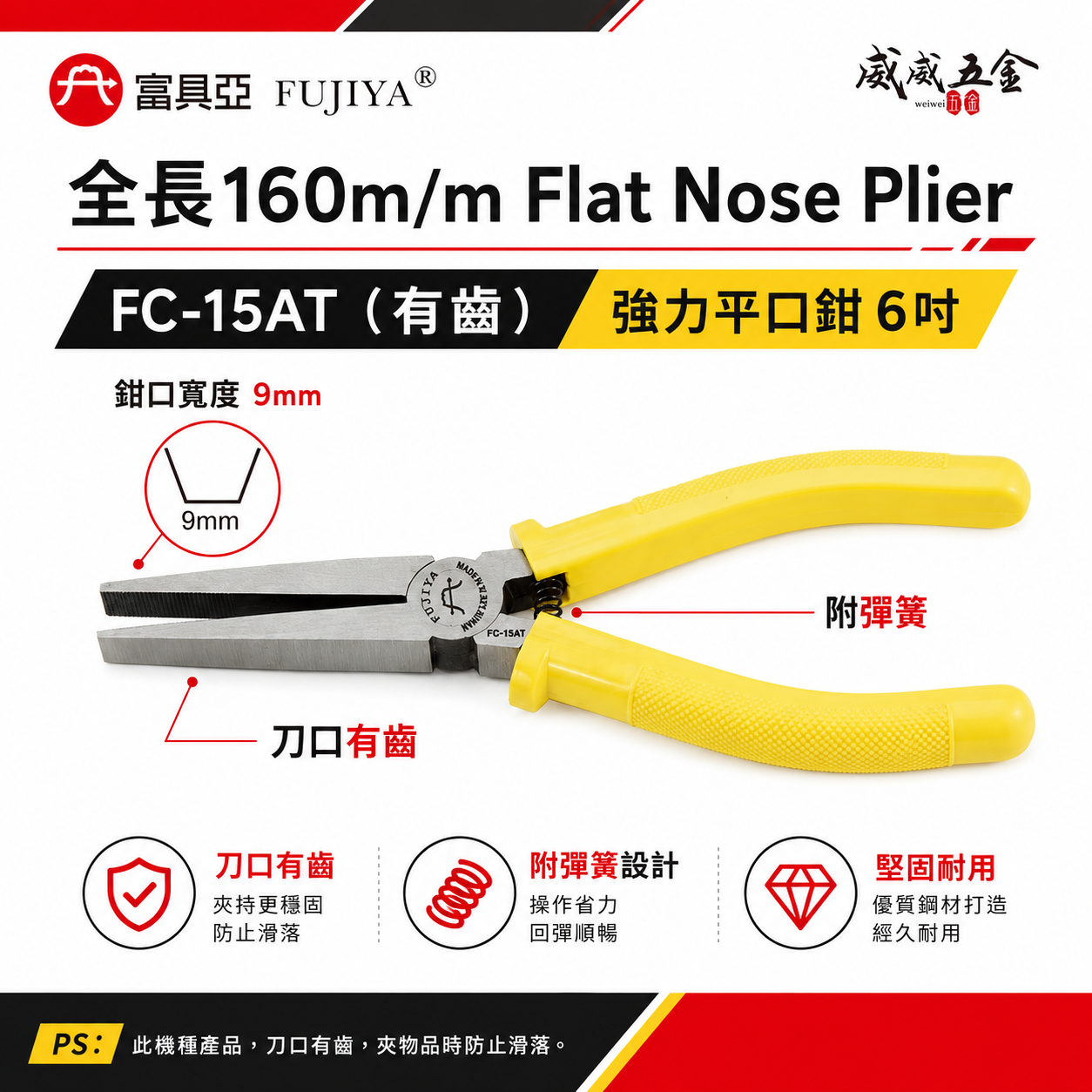 FUJIYA 富具亞 台灣製｜6" 有齒強力平口鉗 尖部寬度9mm 有牙尖嘴鉗 膠柄尖口鉗｜FC-15AT