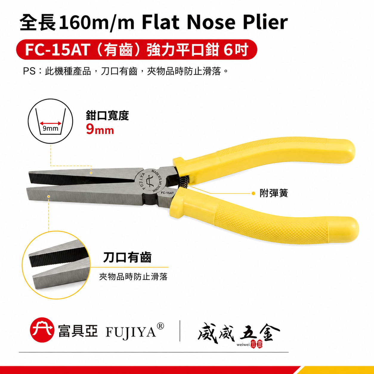 FUJIYA 富具亞 台灣製｜6" 有齒強力平口鉗 尖部寬度9mm 有牙尖嘴鉗 膠柄尖口鉗｜FC-15AT