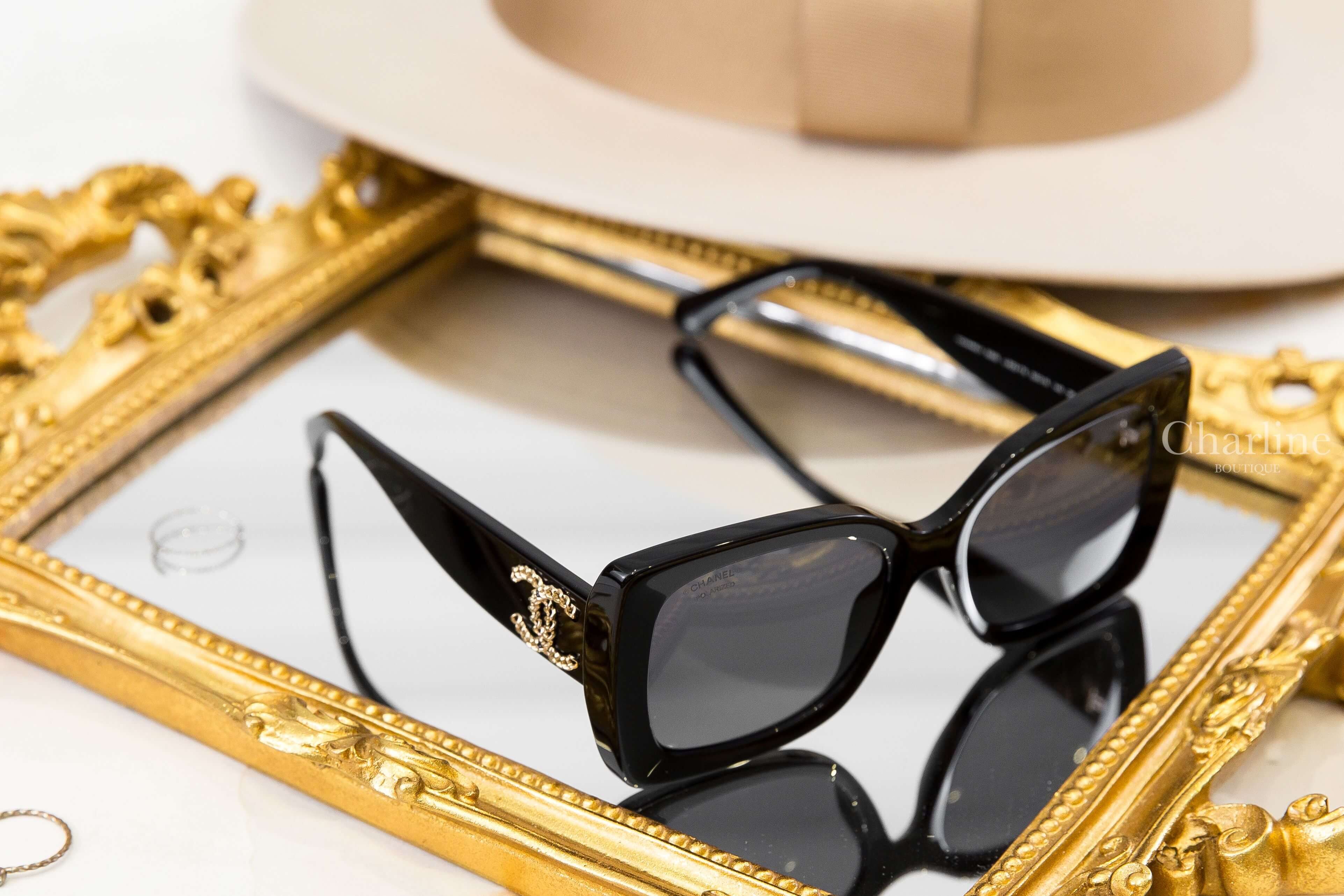 Chanel Square Sunglasses 黑色方框灰色鏡片側邊金色簍空圓圈CC太陽眼鏡-Charline Boutique 精品代購
