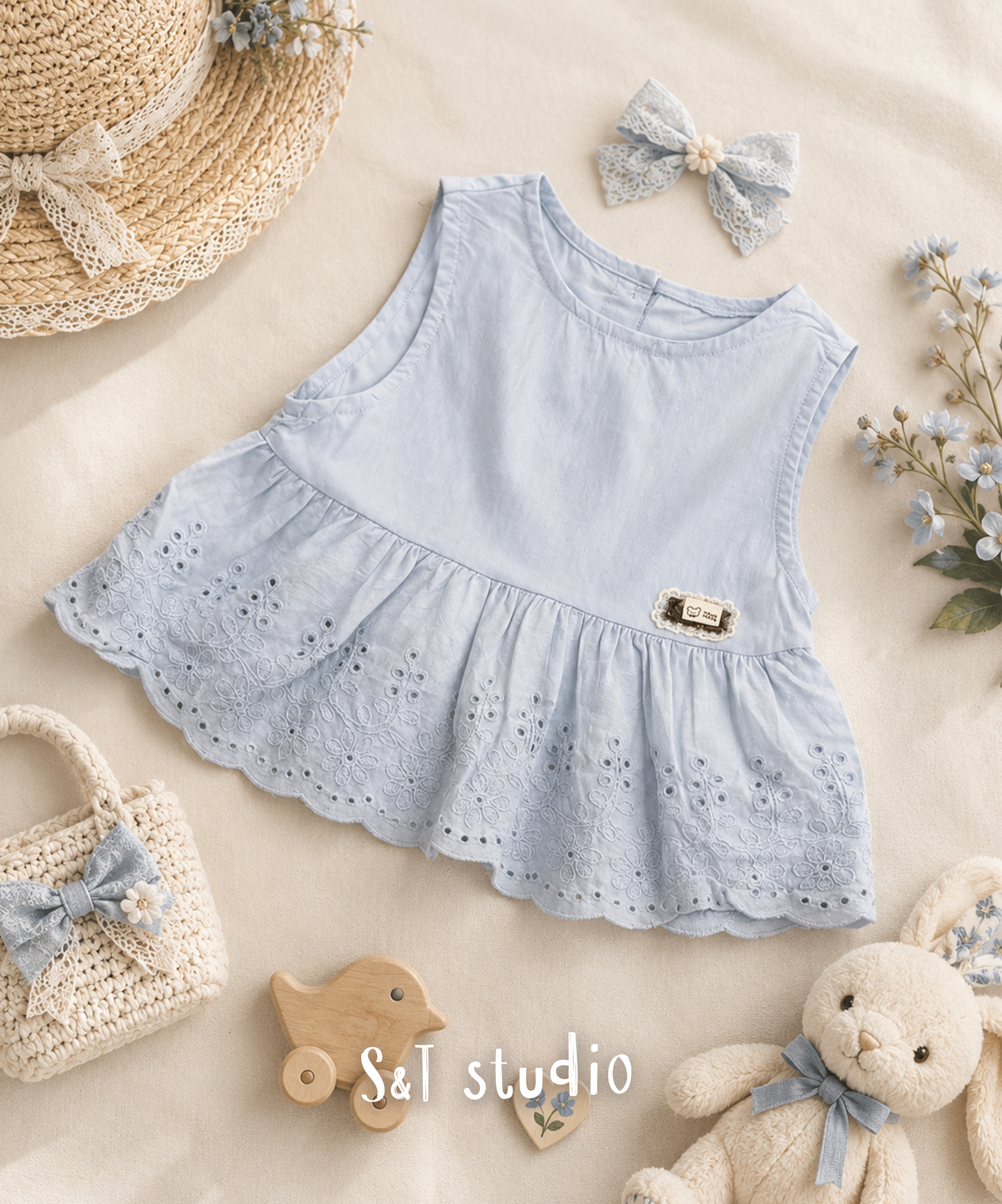 女童刺繡蕾絲無袖上衣 (90-130)