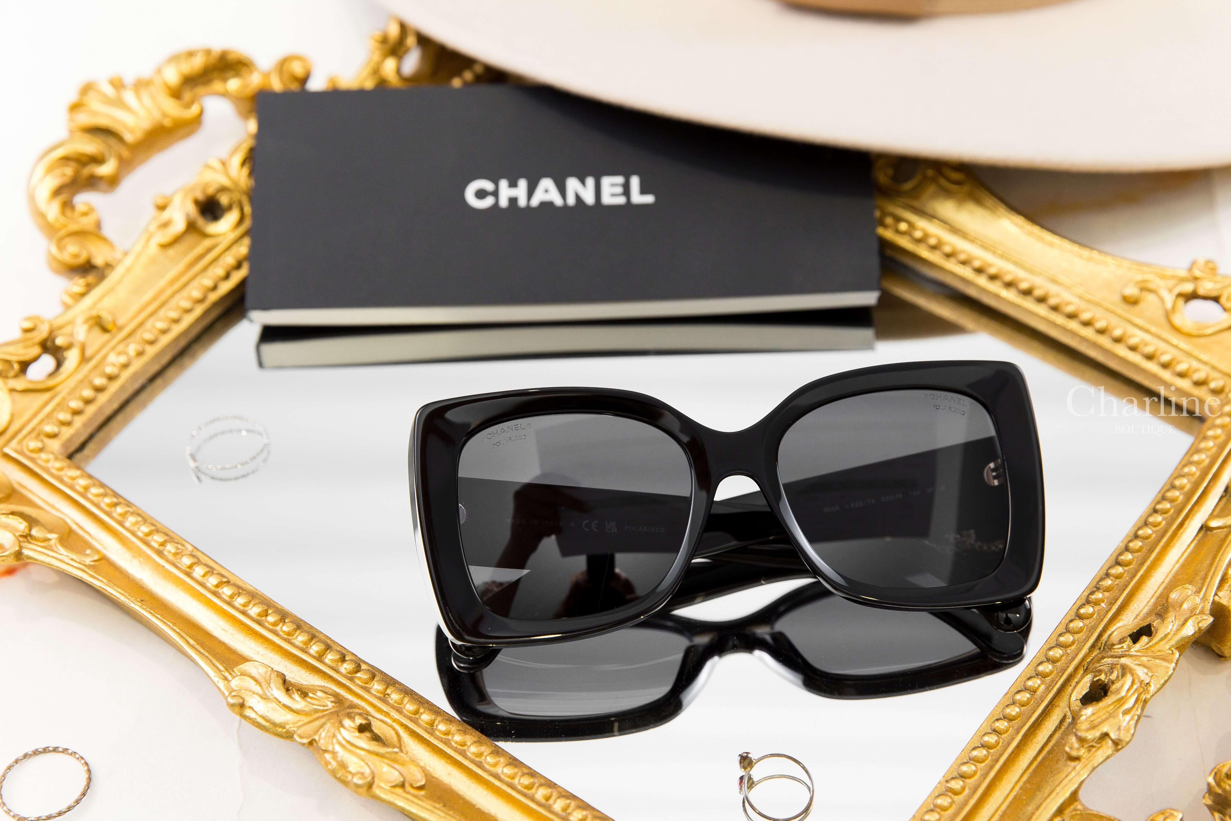 Chanel Square Sunglasses 黑色方框灰色鏡片側邊金色簍空圓圈CC太陽眼鏡-Charline Boutique 精品代購