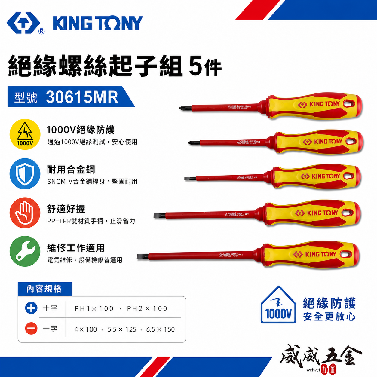 KING TONY 金統立 台灣製｜5件式 耐電壓起子組 膠柄螺絲起子 圓型柄十字 一字起子｜30615MR
