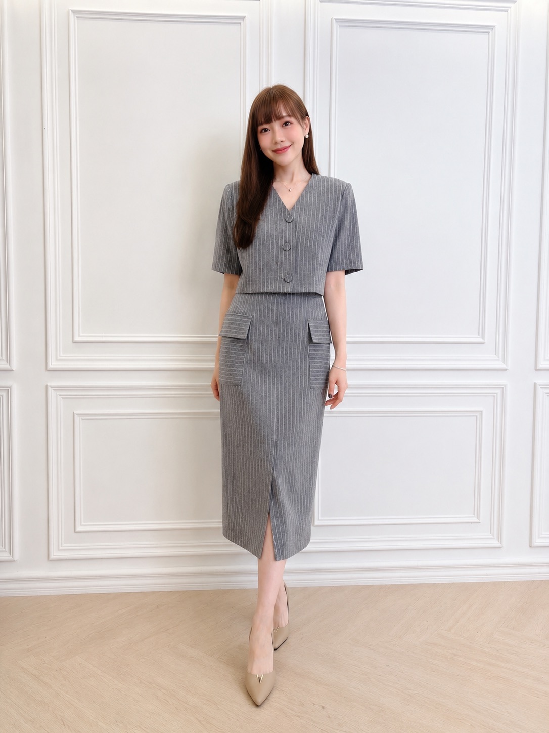 條紋紋理織紋腰帶窄裙套裝 - 深灰