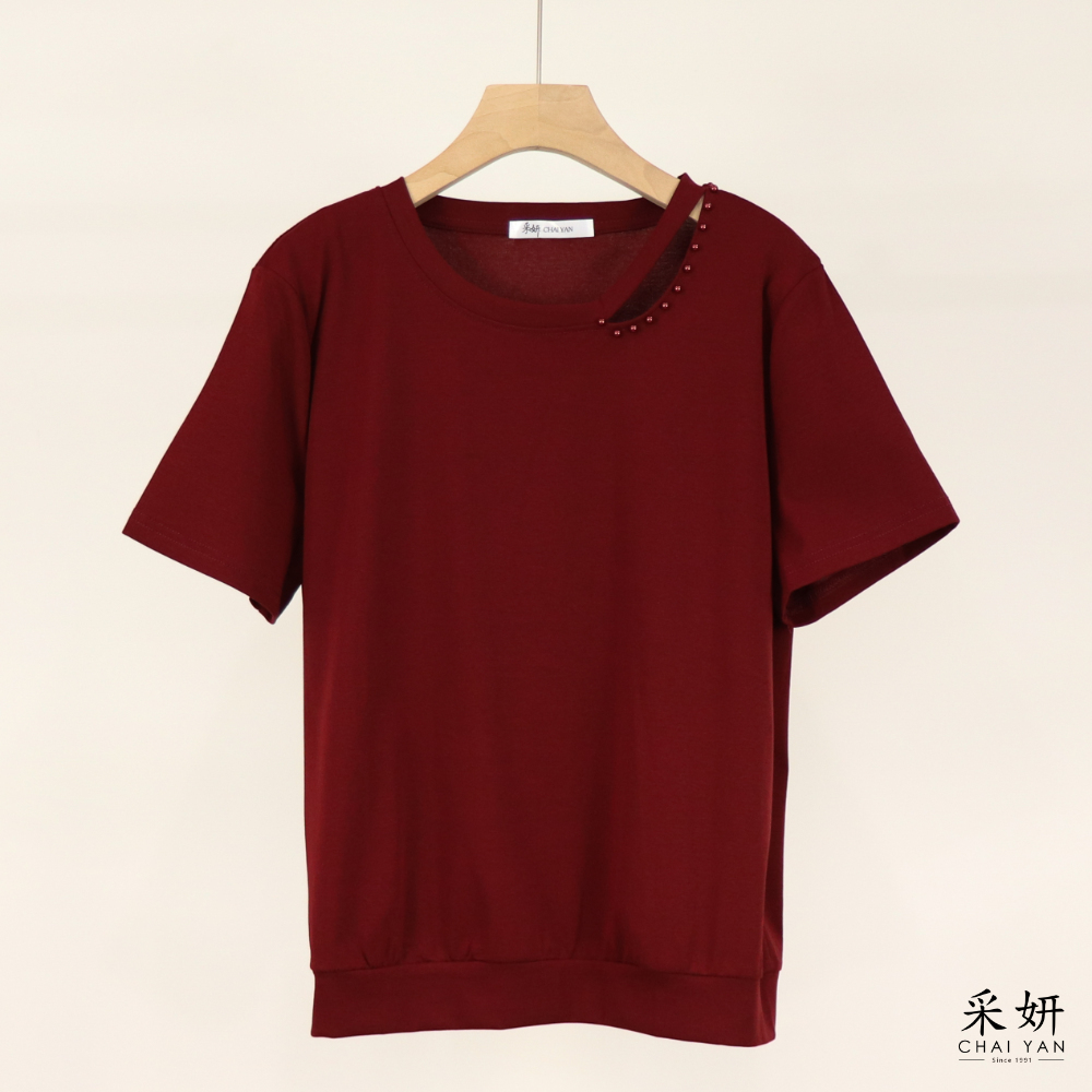 單側珍珠領彈力短袖上衣