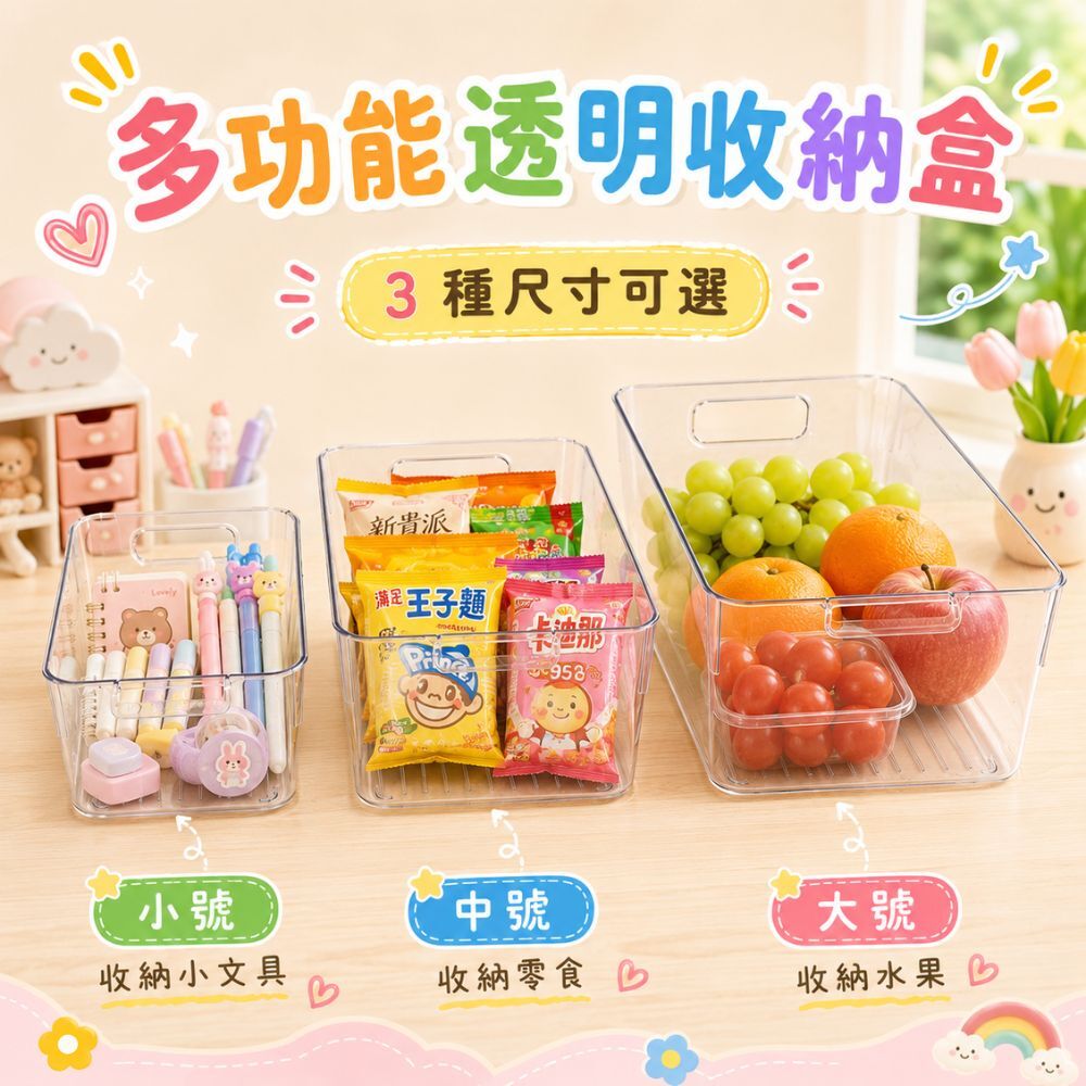 多功能透明收納盒｜冰箱收納盒 桌面收納盒 零食收納盒 文具收納盒 抽屜分類盒 透明置物盒 附提把【輕鬆購五金百貨】