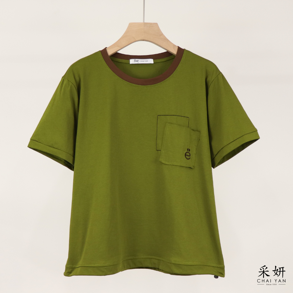 拼布跳色領短袖上衣