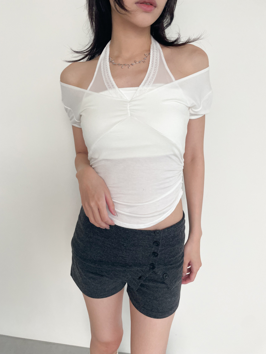 layered lace halter ruched waist soft-touch top