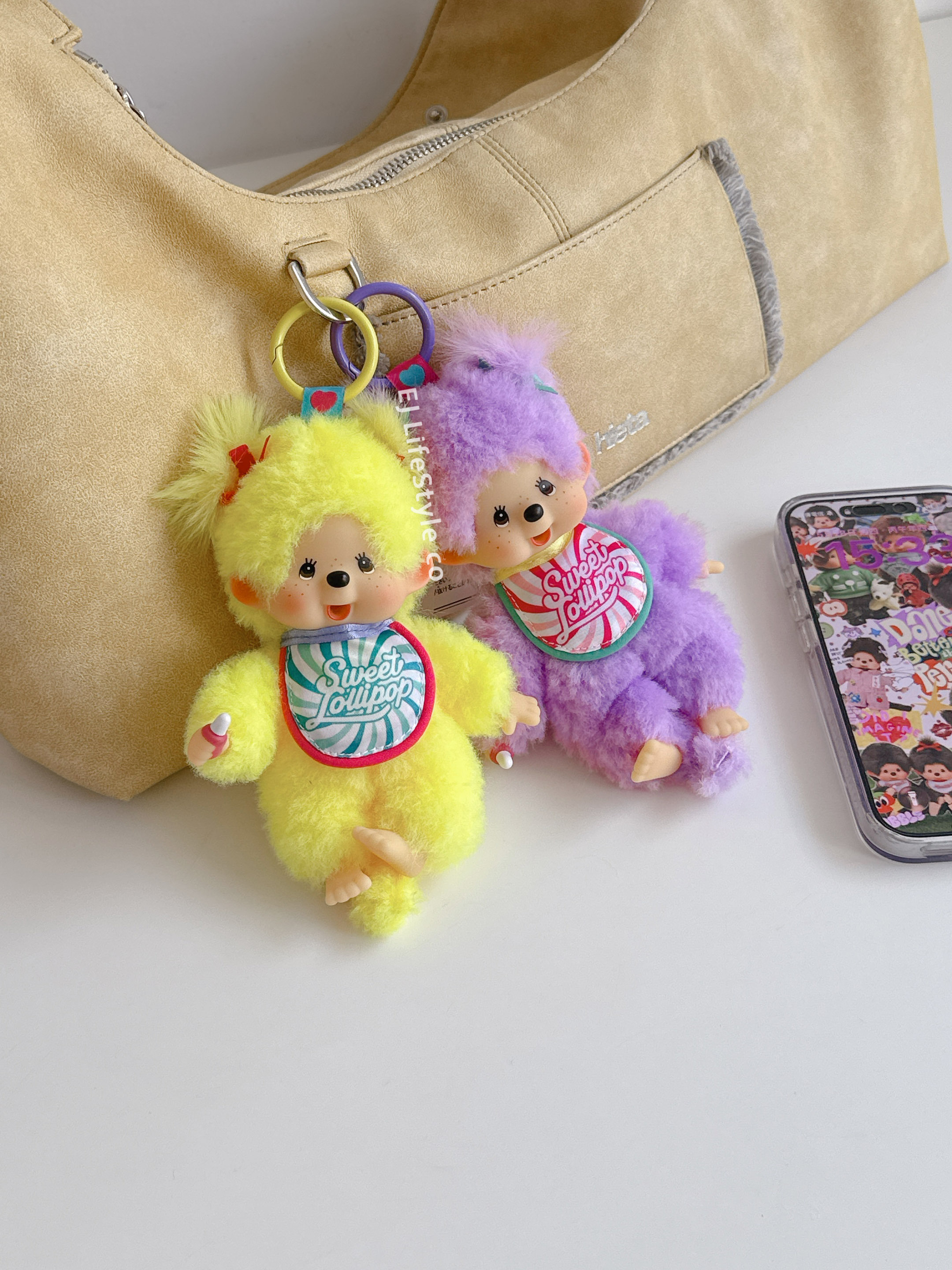 🇯🇵 MONCHHICHI 夢奇奇 蒙奇奇 甜心棒棒糖系列 LISA 孫藝珍 同款 黃 紫 鑰匙圈 吊飾 / 現貨