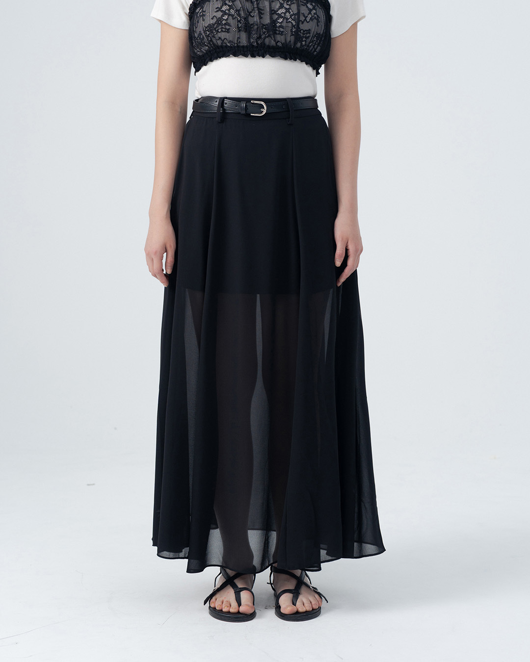 Sheer mesh maxi skirt with belt - blackS/M/L【03021744】in stock+pre-order