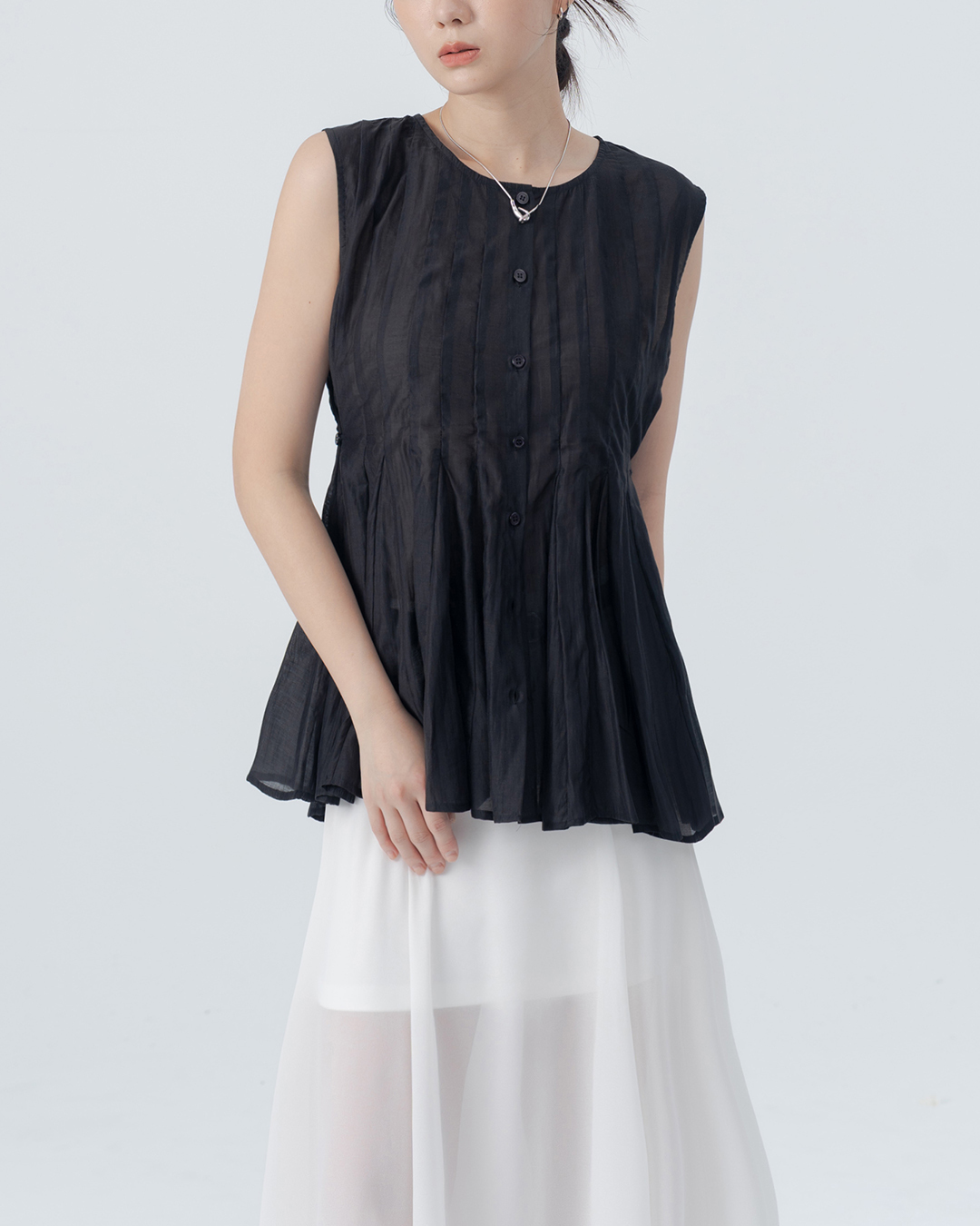 3D pleated umbrella-shaped waist-cinching button-down vest - Black【01099598】in stock+pre-order