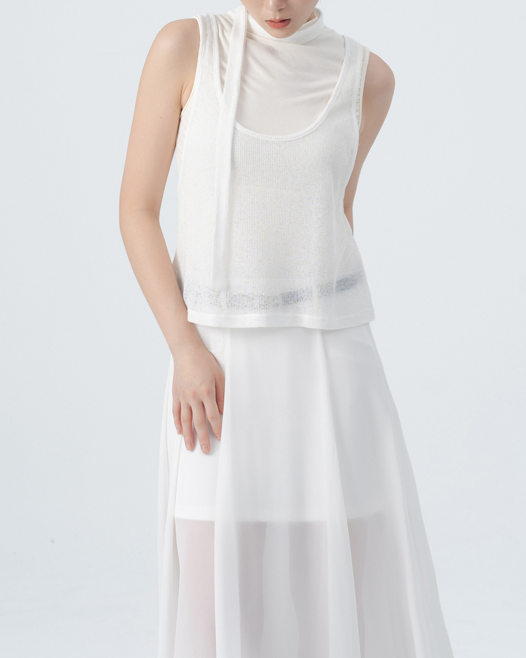 Reversible knitted cover-up vest with tie - white【01099491】in stock+pre-order