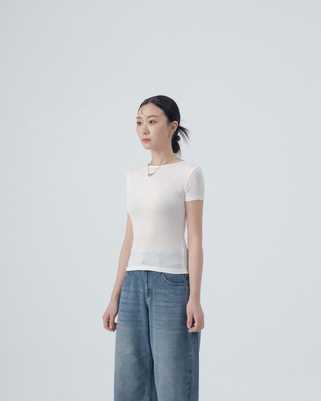 Plain, slightly sheer, fitted short-sleeved top - White, S/M【01099609】in stock+pre-order