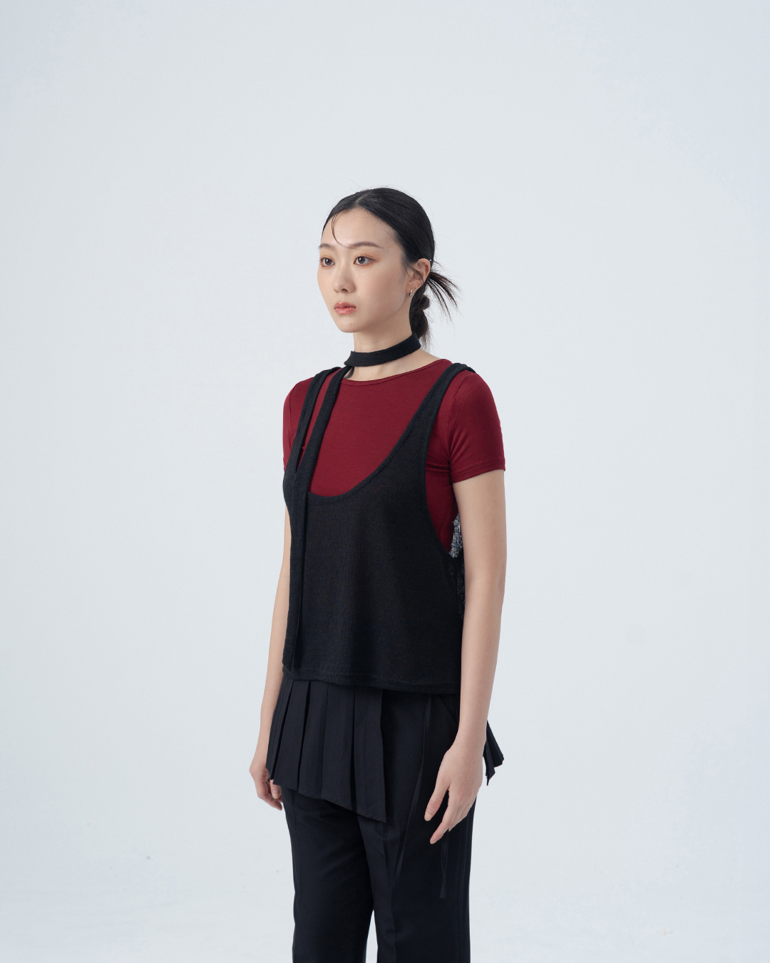 Reversible knitted cover-up vest with tie - black【01099490】in stock+pre-order