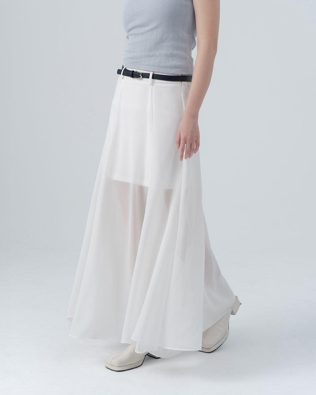 Sheer mesh maxi skirt with belt - white S/M/L【03021745】in stock+pre-order