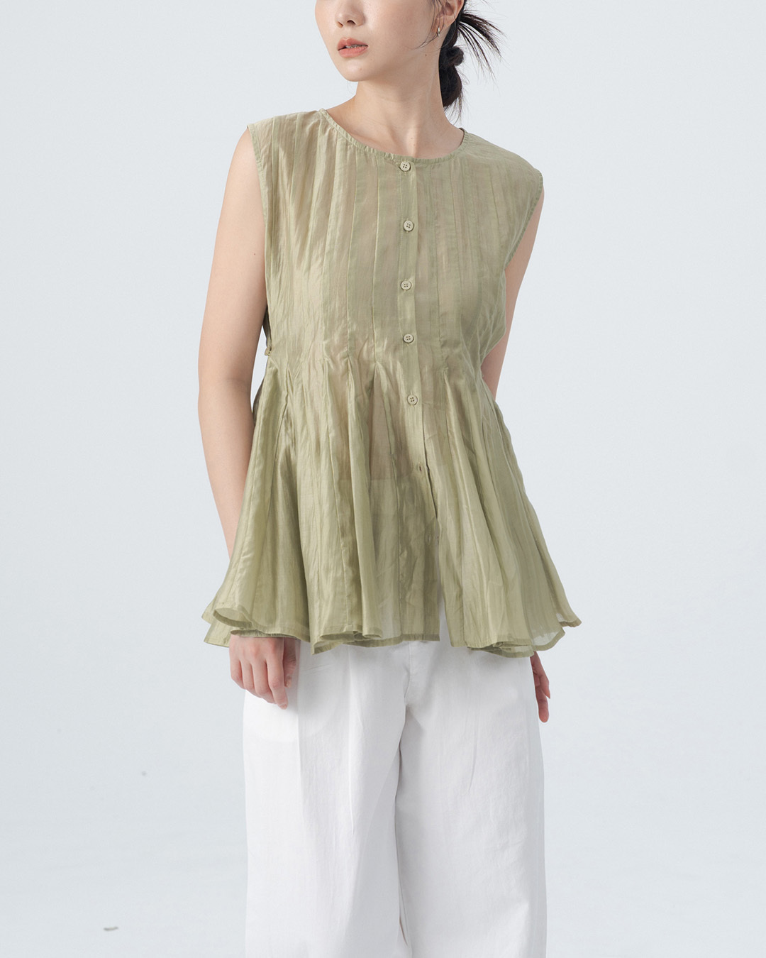 3D pleated umbrella-shaped waist-cinching button-down vest - green【01099599】in stock+pre-order