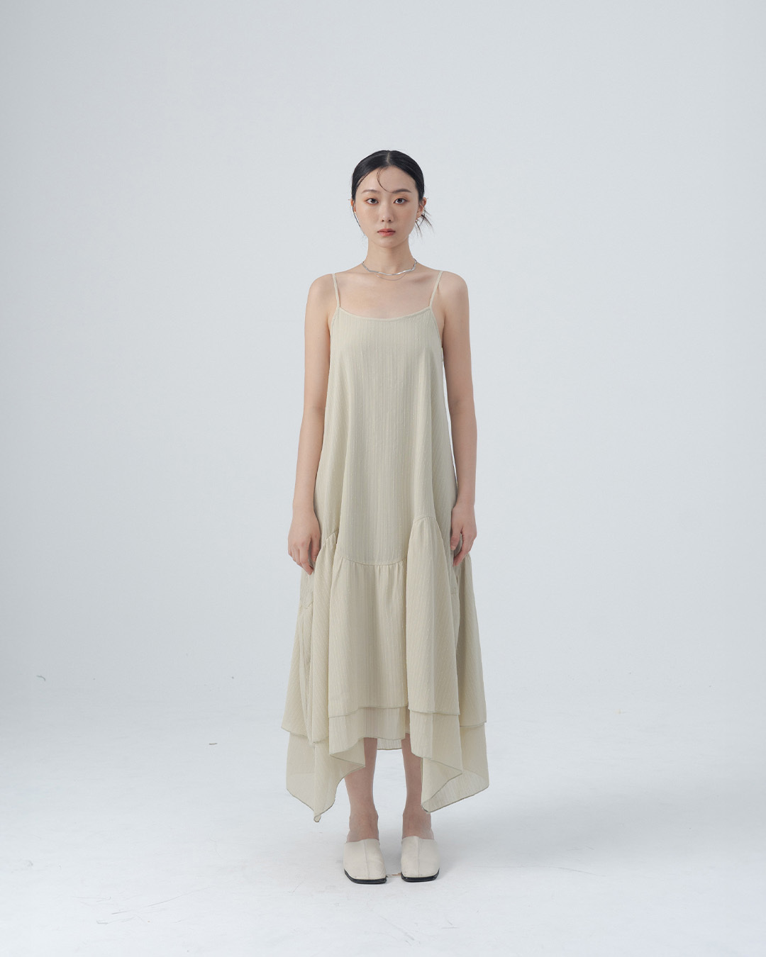 Simple jacquard irregular-cut spaghetti strap long dress - green【01087312】in stock+pre-order