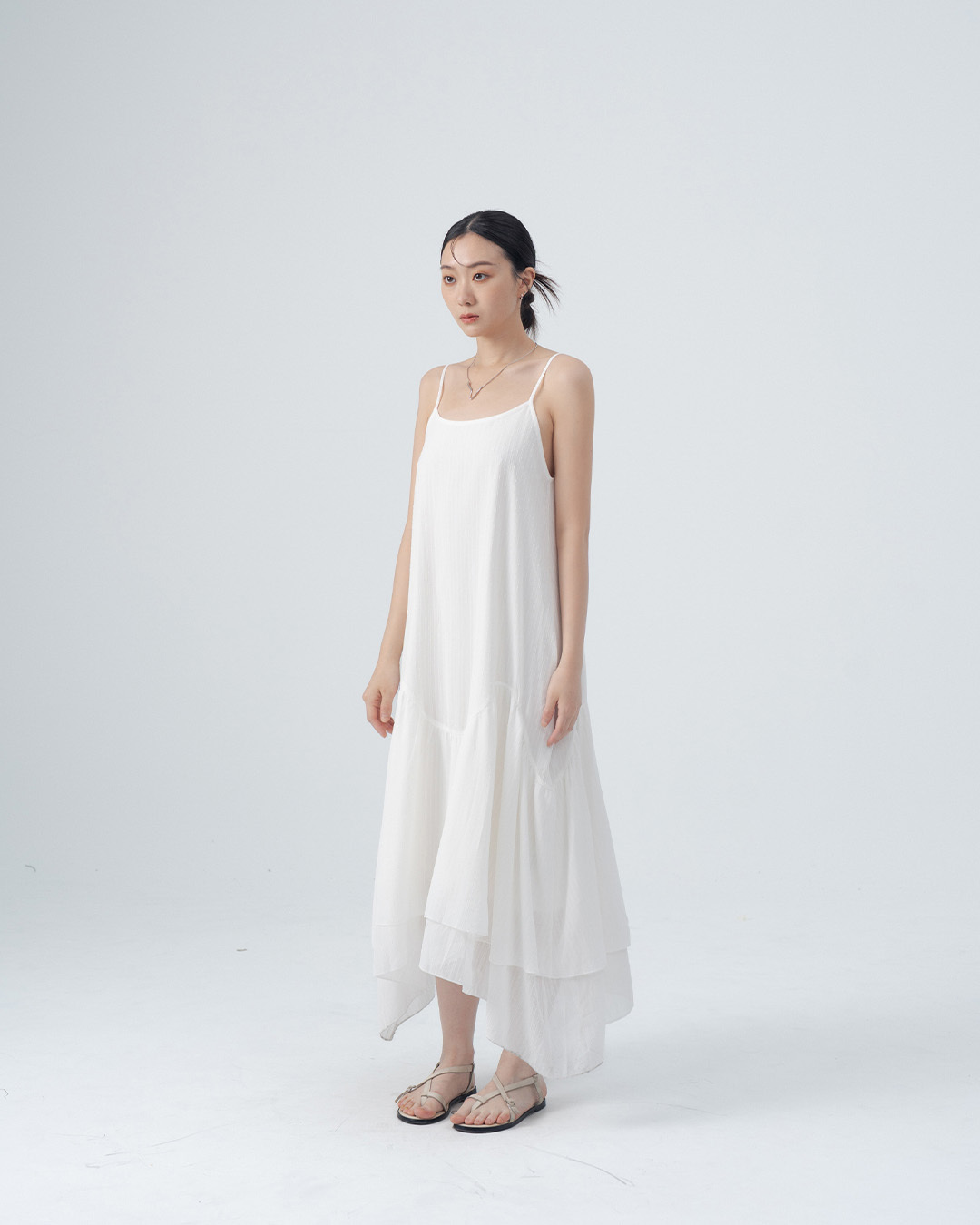 Simple jacquard irregular-cut spaghetti strap long dress - white【01087311】in stock+pre-order