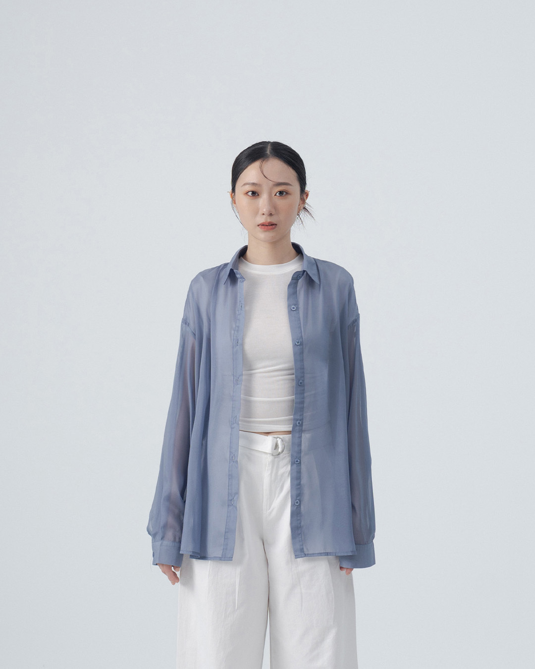 Textured, glossy, front and back button-down design, sheer shirt - blue【01025762】in stock+pre-order