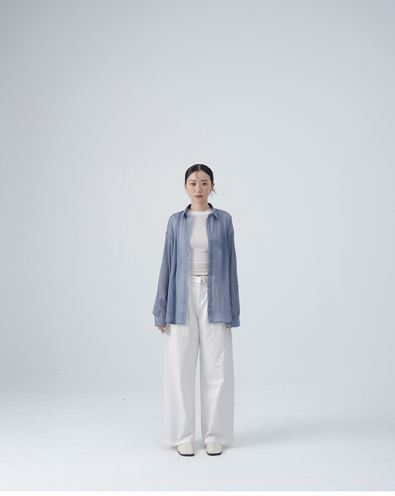 Textured, glossy, front and back button-down design, sheer shirt - blue【01025762】in stock+pre-order