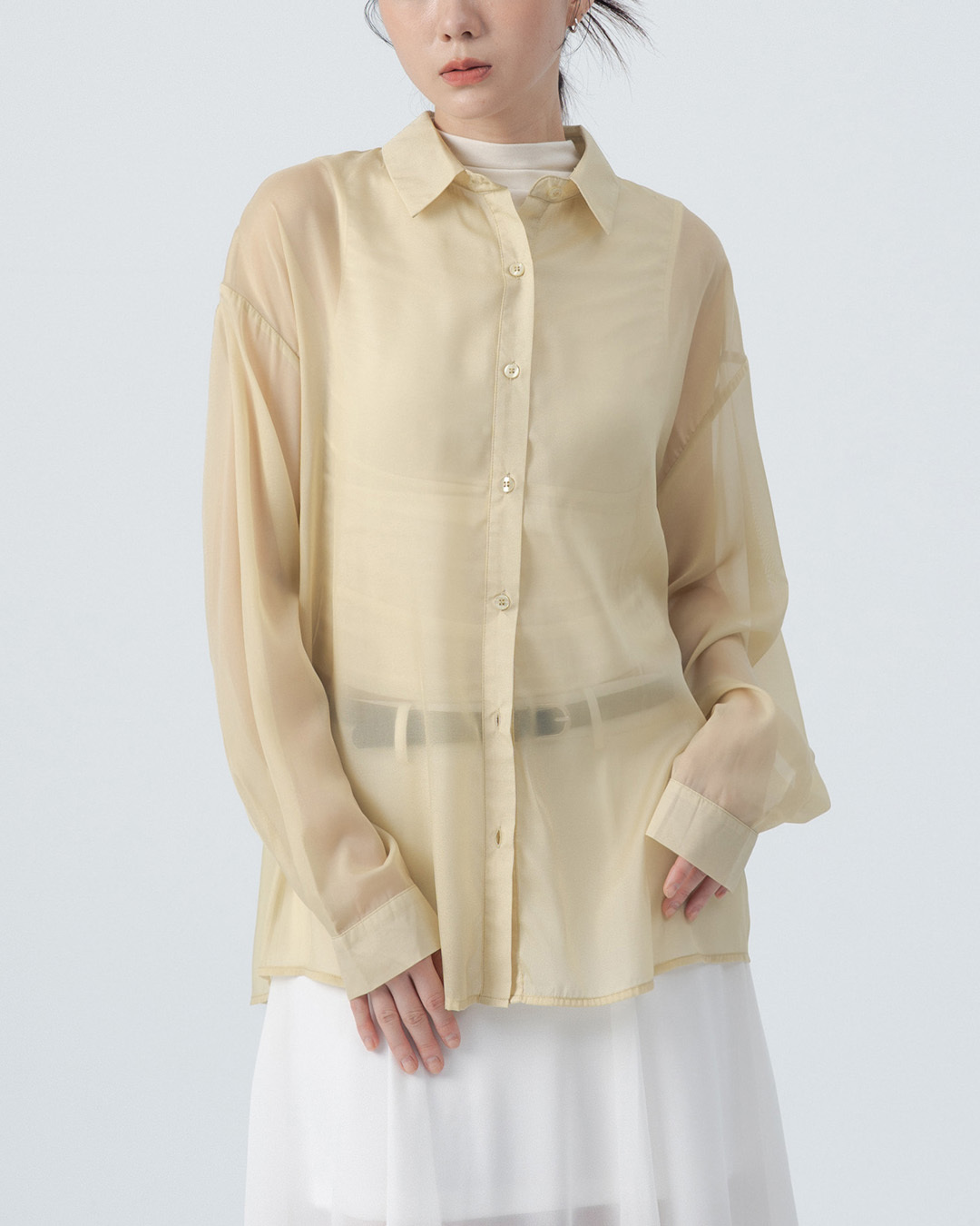 Textured, glossy, front and back button-down design, sheer shirt - yellow【01025763】in stock+pre-order
