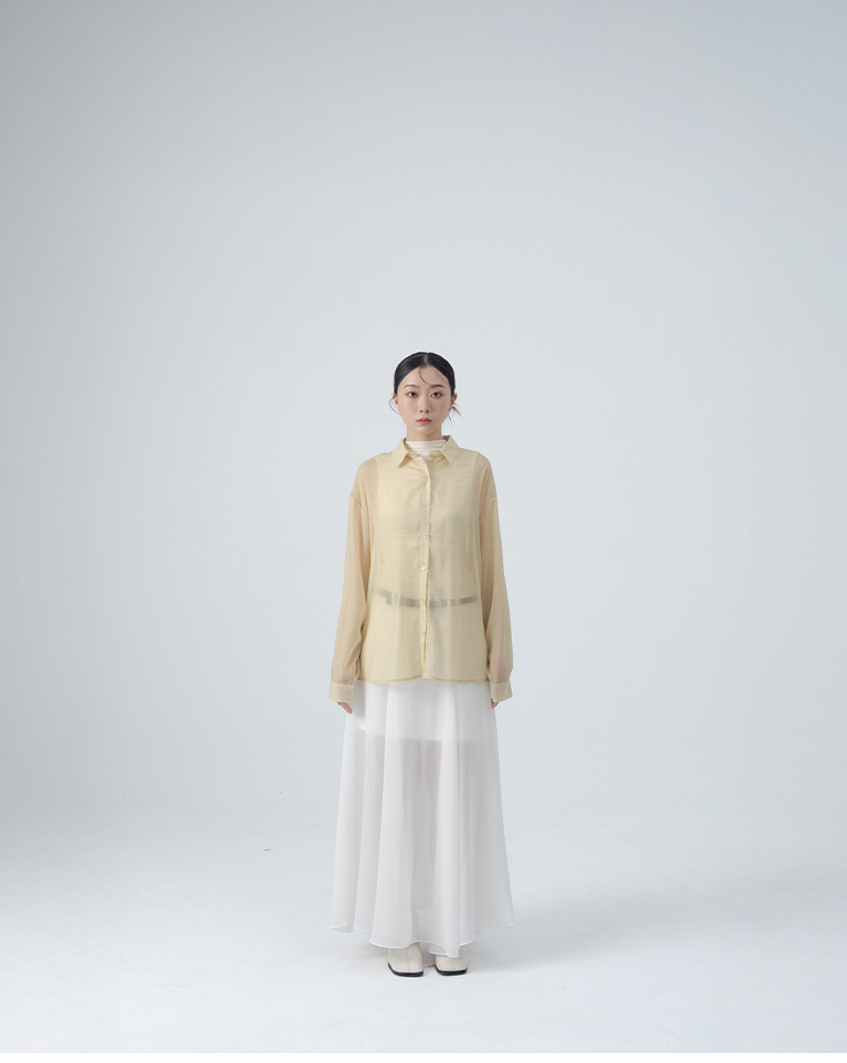 Textured, glossy, front and back button-down design, sheer shirt - yellow【01025763】in stock+pre-order