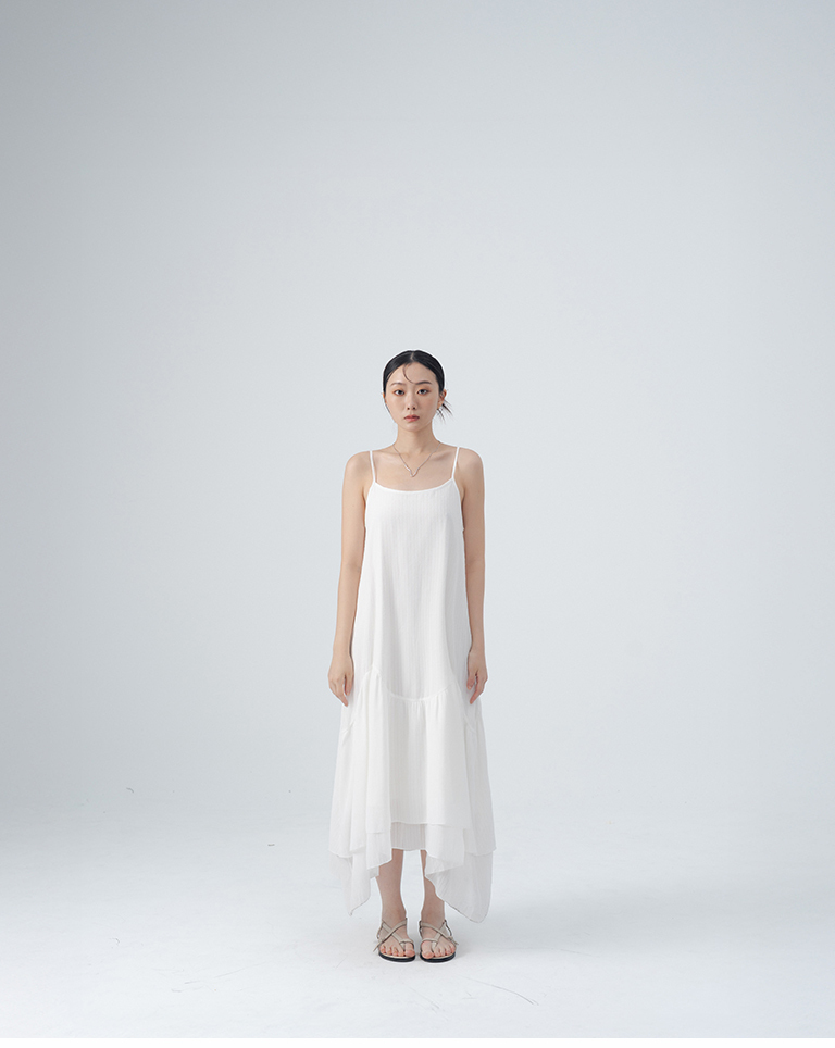 Simple jacquard irregular-cut spaghetti strap long dress - white【01087311】in stock+pre-order